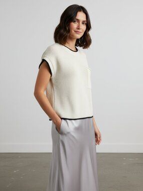 The Workshop Contrast Trim Short Sleeve Pocket Sweater NWT White Med